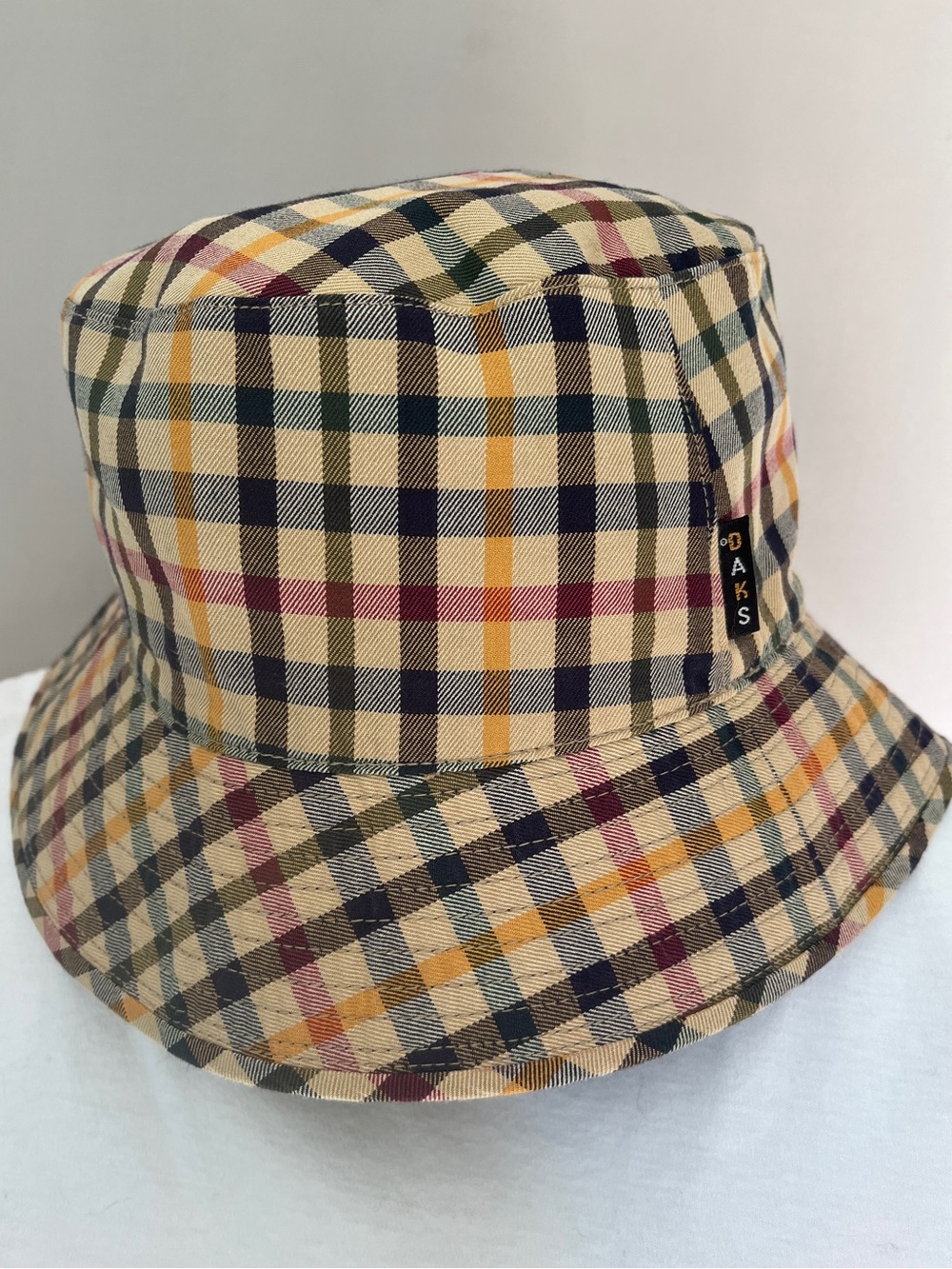 DAKS London Reversible Bucket Hat Navy Tan Check Plaid Classic Luxury - Picture 2 of 6